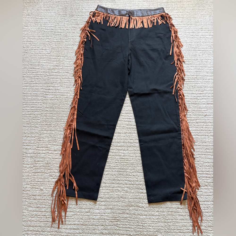 Fringe-Trim Black Women's Pants with Brown Suede Accents
